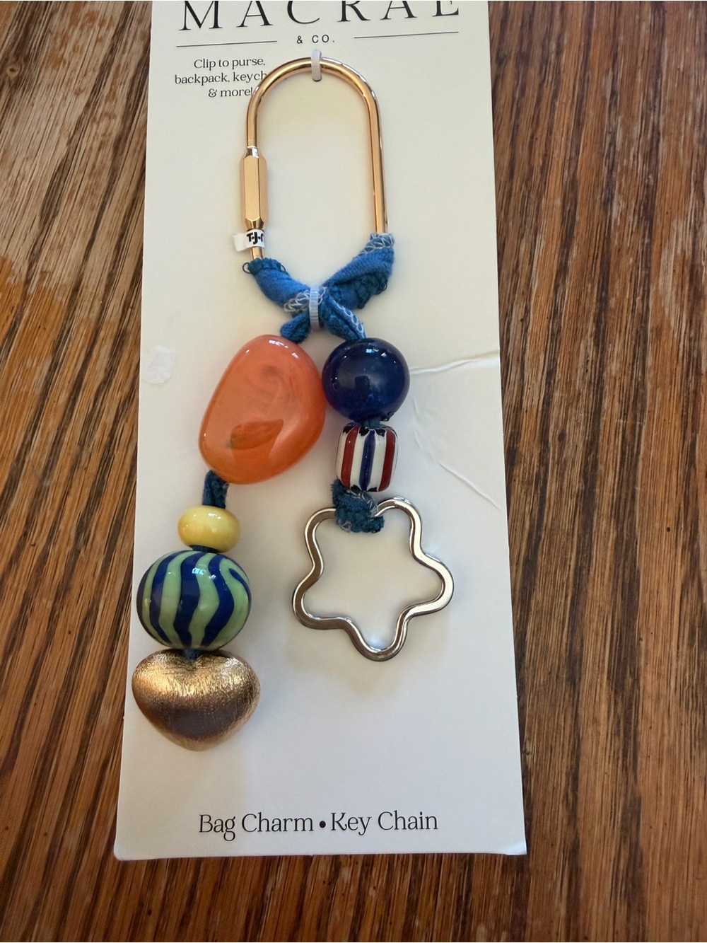 MacRae Gold Carabiner Beaded Bag Charm with Blue Cord